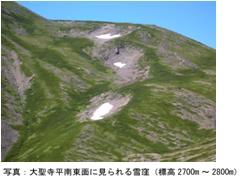 大聖寺平南東部に見られる雪窪（標高2700m～2800m）の写真