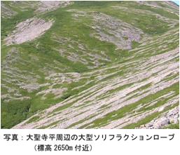 大聖寺平周辺の大型ソリフラクションローブ（標高2650m付近）の写真