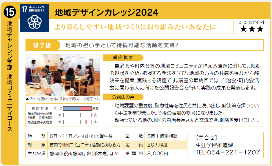 自治会や町内会等が抱える課題の解決策を提案・実践する講座です。6月実施予定。詳細は生涯学習推進課054-221-1207まで。