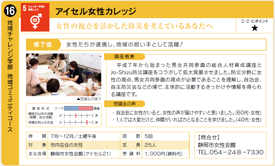 女性の視点を活かした防災に役立つ講座です。7月実施予定。詳細は静岡市女性会館054-248-7330まで。