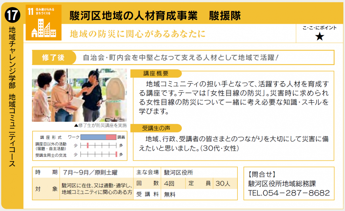 駿河区地域の防災について学ぶ講座です。7月実施予定。詳細は駿河区役所地域総務課054-287-8682まで。