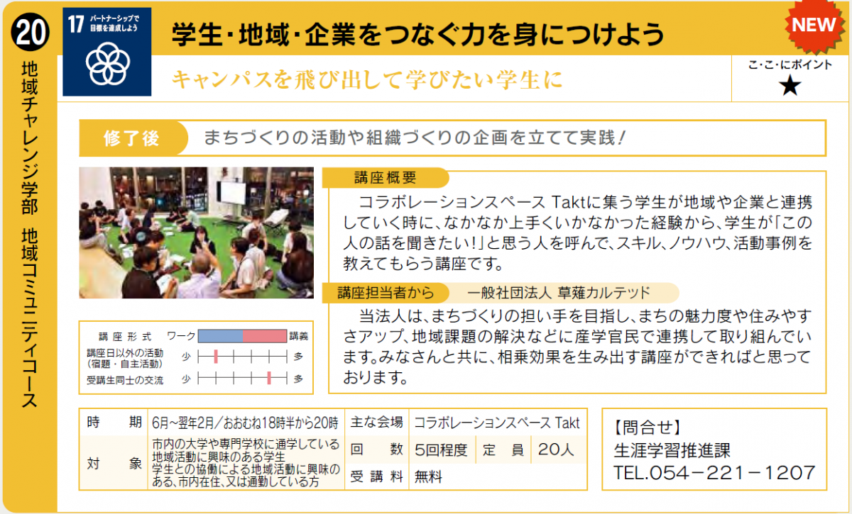 街づくりに興味のある学生と学生と協働で活動したい大人のため講座。6月実施予定。詳細は生涯学習推進課054-221-1207まで。