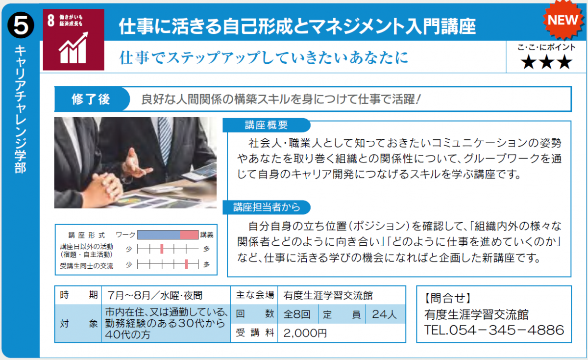 仕事でステップアップしていきたい方向けの講座です。7月開始予定。詳しくは有度生涯学習交流館0543454886へ