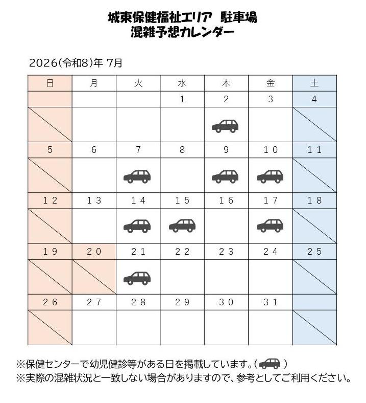 2026年7月の城東保健福祉エリア駐車場混雑予想カレンダー
