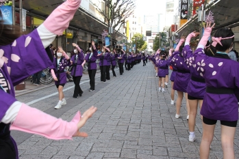 紫色の法被を着たグループが通りいっぱいに踊っている