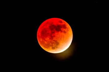 皆既に近いところまで月食した月は赤く、黒い模様がはっきり見て取れる。