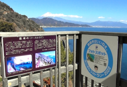 展望台から眺める駿河湾と富士山。