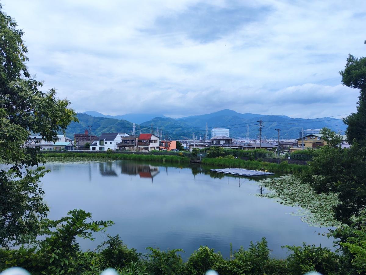 太陽光パネルが設置された上原池の遠景