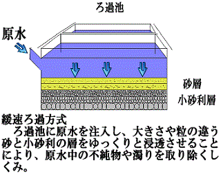 （緩速ろ過方式）ろ過池に原水を注入し、大きさや粒違う砂と小砂利の層をゆっくりと浸透させることにより、原水中の不純物や濁りを取り除く仕組み。